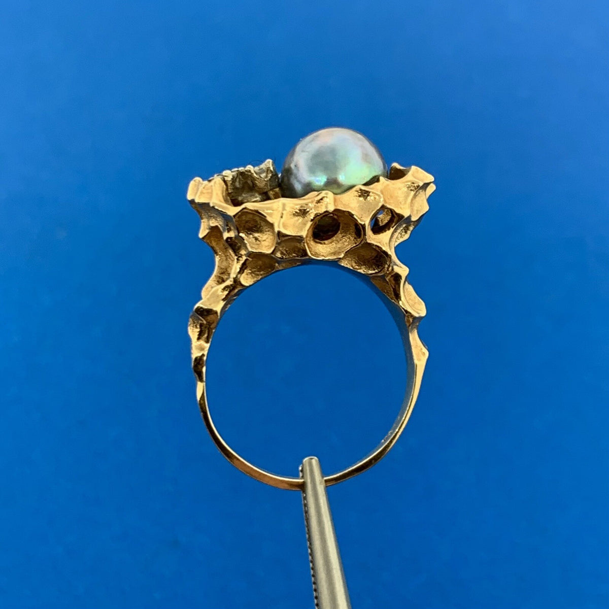 Gorgeous 14k Yellow Gold Black Pearl Diamond Nugget Basin Statement Ring Size 7