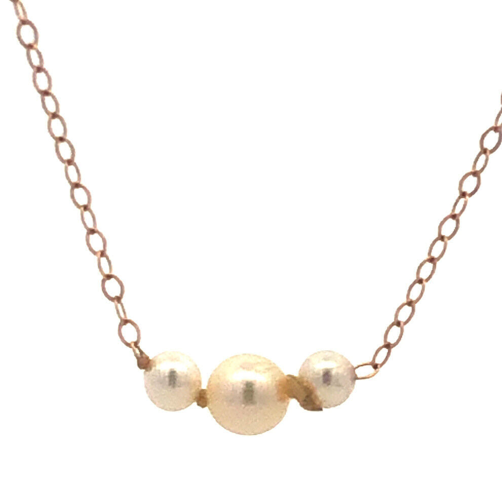 14K Yellow Gold Pearl Trio Wedding Anniversary June Bridal Petite Link Necklace