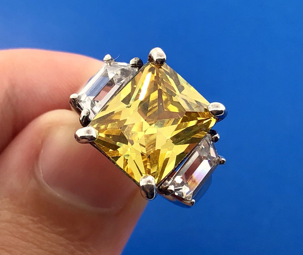 Dramatic Sterling Silver 925 Yellow White CZ Statement Fashion Cocktail Ring