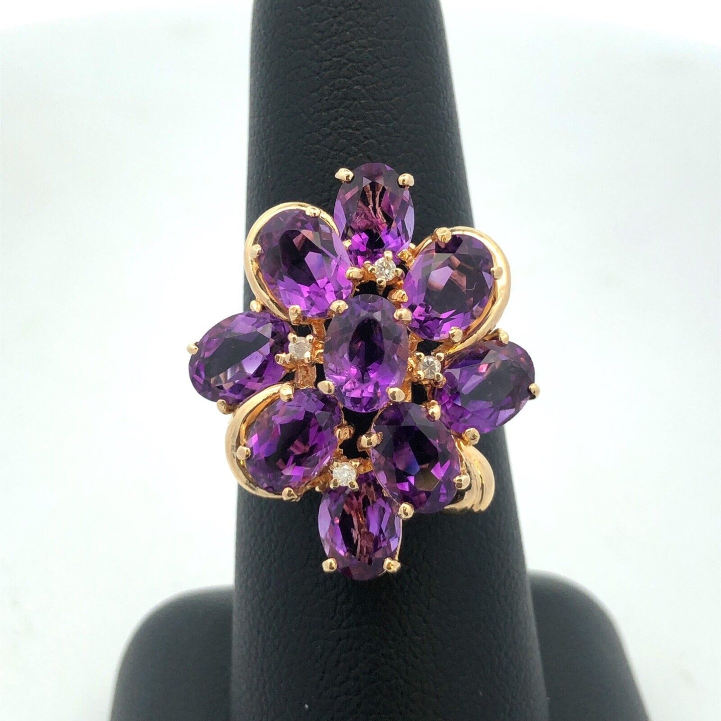 Designer 14K Yellow Gold Lab Created Oval Amethyst Diamond Cluster Cocktail Ring