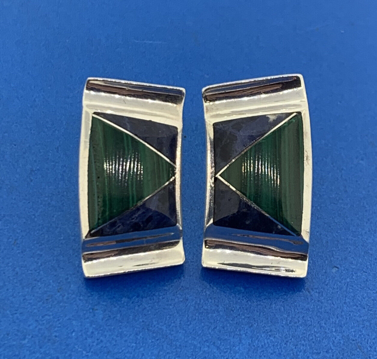 Escorcia Taxco Mexico 950 Silver Lapis Lazuli Malachite Inlay Modernist Earrings
