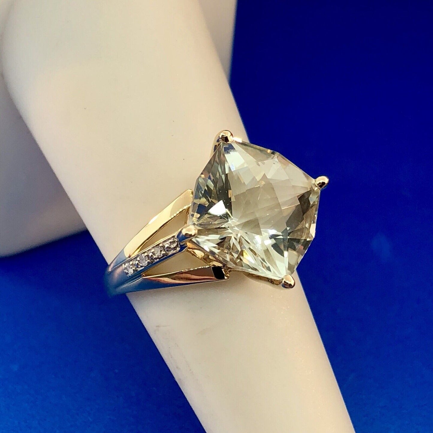 Designer 14K Yellow Gold Green Amethyst Prasiolite Diamond Accent Statement Ring