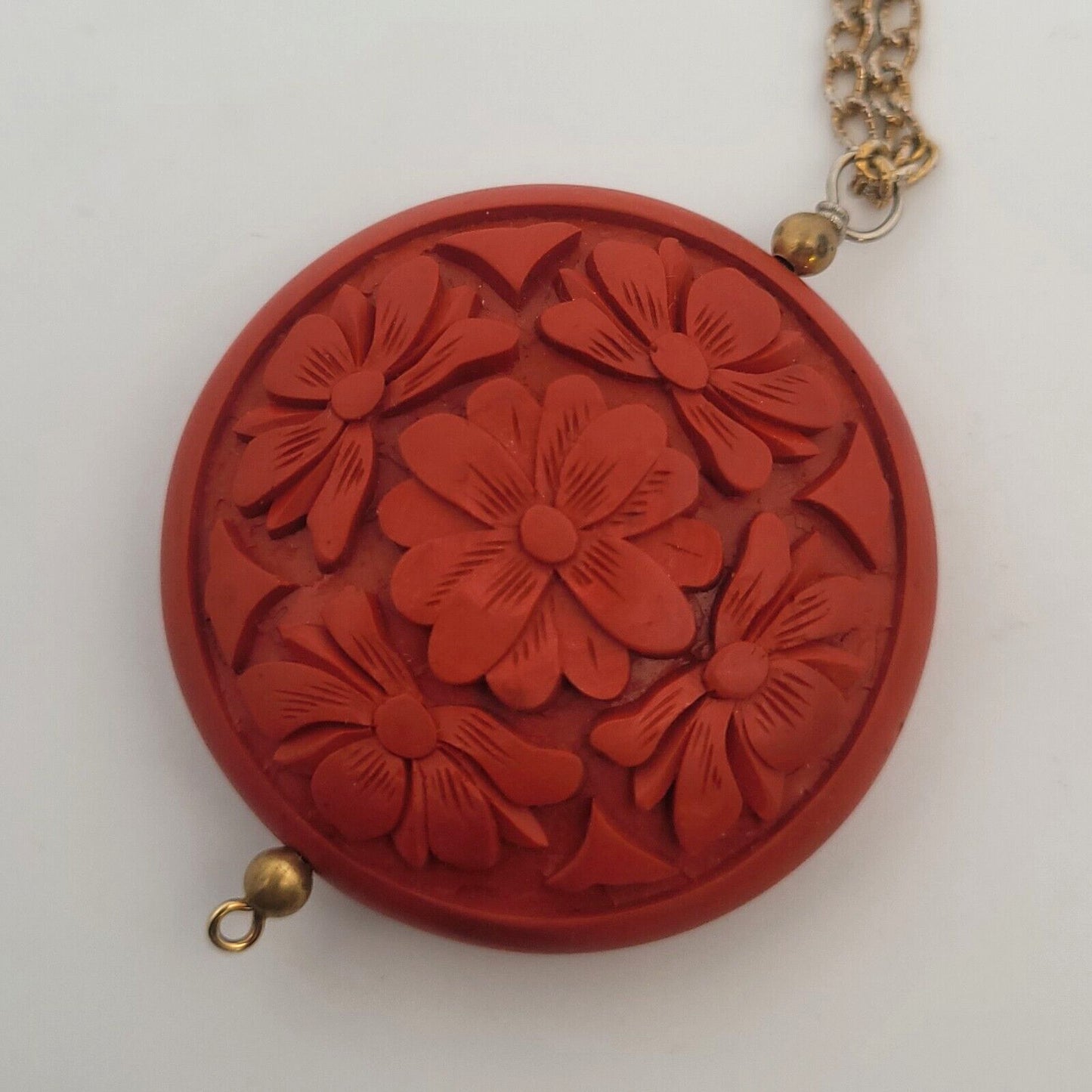 Vintage Gold Tone Carved Red Resin Faux Cinnabar Necklace Earrings 3 Piece Set