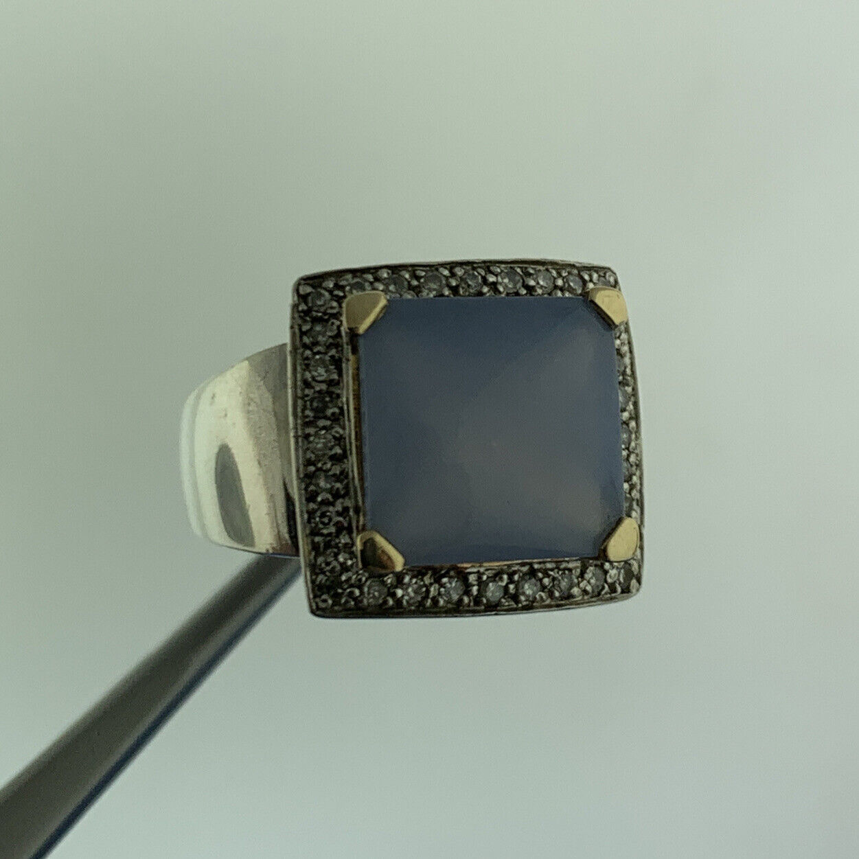 Designer BJC 925 Sterling Silver 14K Yellow Gold Chalcedony Diamond Halo Ring