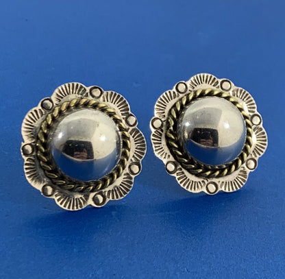 Vintage Two-Toned 925 Sterling Silver Flower Dome Concho Stud Earrings