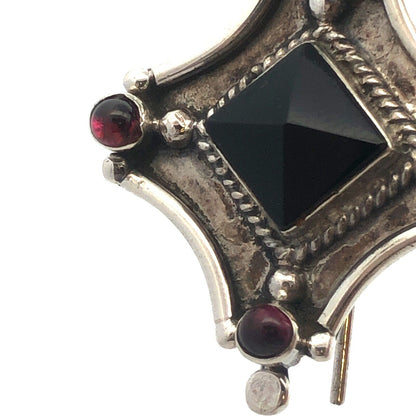 Vintage 925 Sterling Silver Black Onyx Amethyst Hook Statement Dangle Earrings