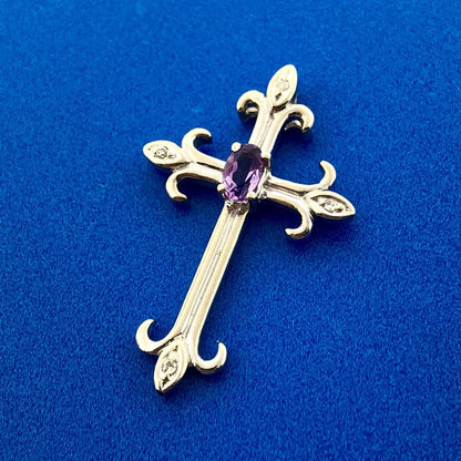 Designer 10K White Gold Amethyst Diamond Fleur De Lis Cross Religious Pendant