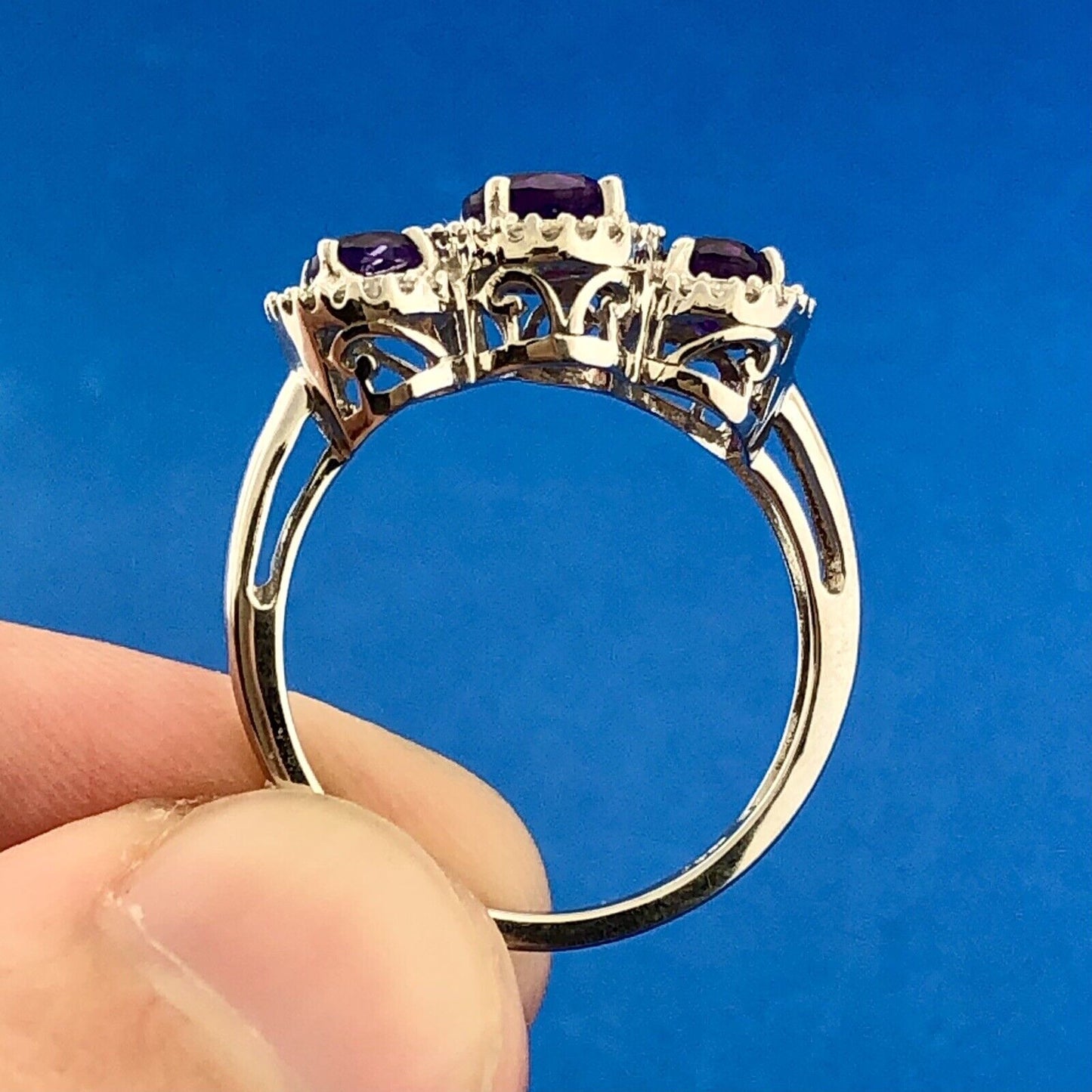 Stunning 10K White Gold Amethyst Trio Diamond Halo February Anniversary Ring