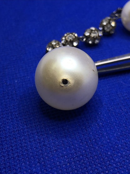 Vintage Richelieu Silver Tone Faux Pearl Rhinestone Statement Dangle Earrings