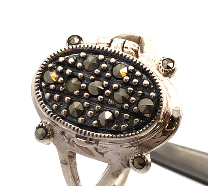 Vintage Designer 925 Sterling Silver Marcasite Oval Pill Box Ring