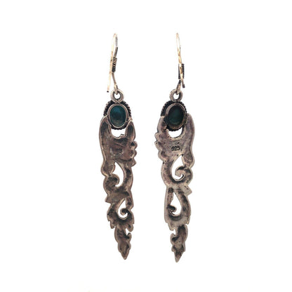 Vintage 925 Sterling Silver Turquoise Cabochon Scroll Dangle Drop Hook Earrings