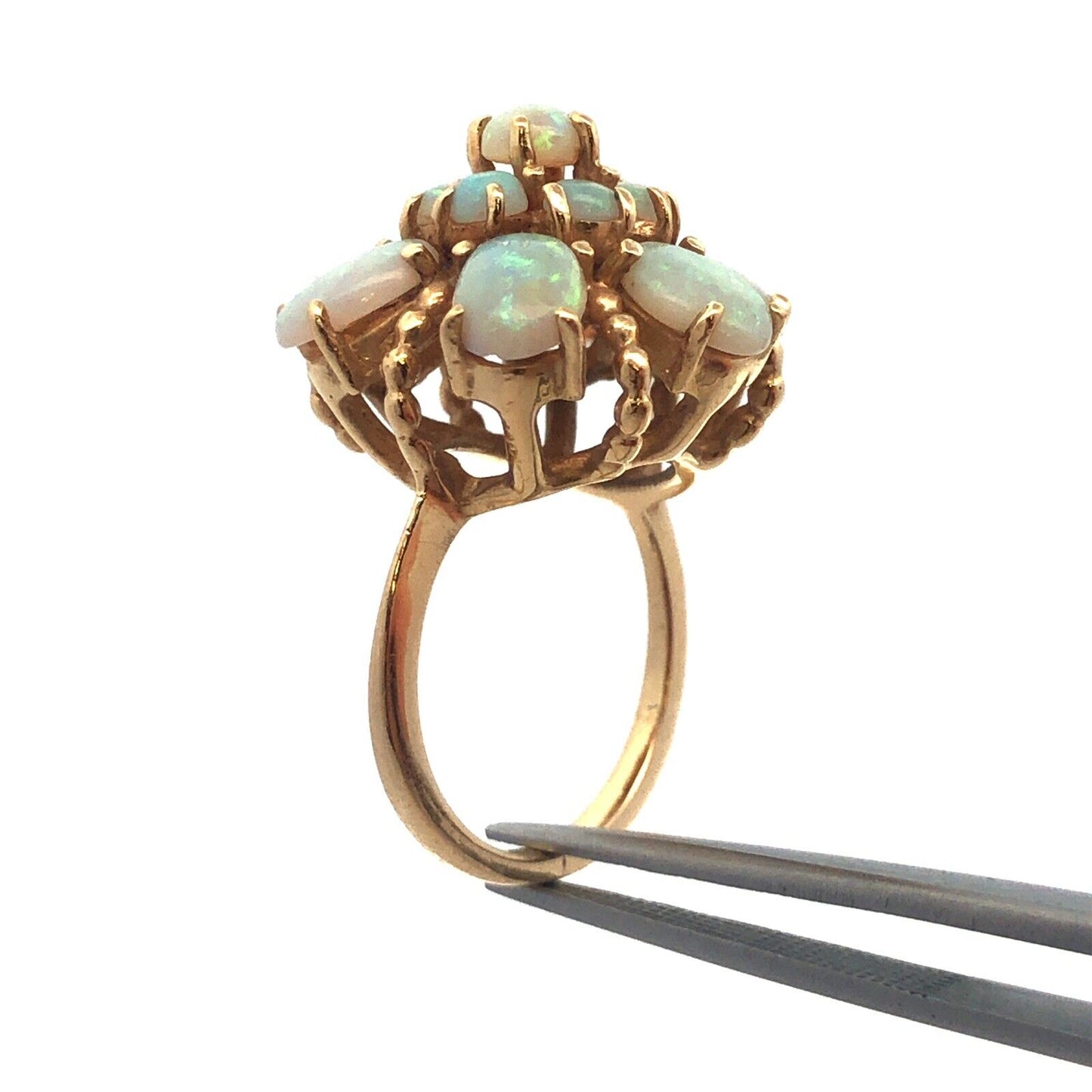 Stunning Vintage 14K Yellow Gold Opal Flower Cluster October Cocktail Ring