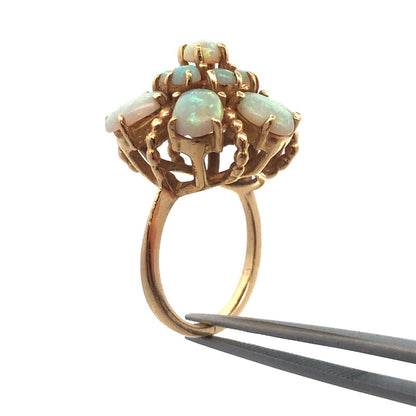 Stunning Vintage 14K Yellow Gold Opal Flower Cluster October Cocktail Ring