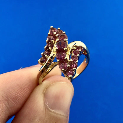 10K Yellow Gold Pink Tourmaline Bypass Cluster Cocktail Ring