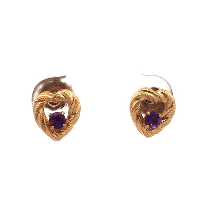 Gorgeous 14k Yellow Gold Amethyst Open Heart Stud Earrings w/ Friction Backs