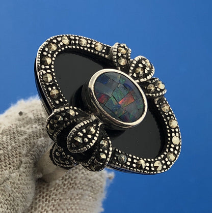 NF Thailand Sterling Silver Black Onyx Marcasite Opal Statement Cocktail Ring