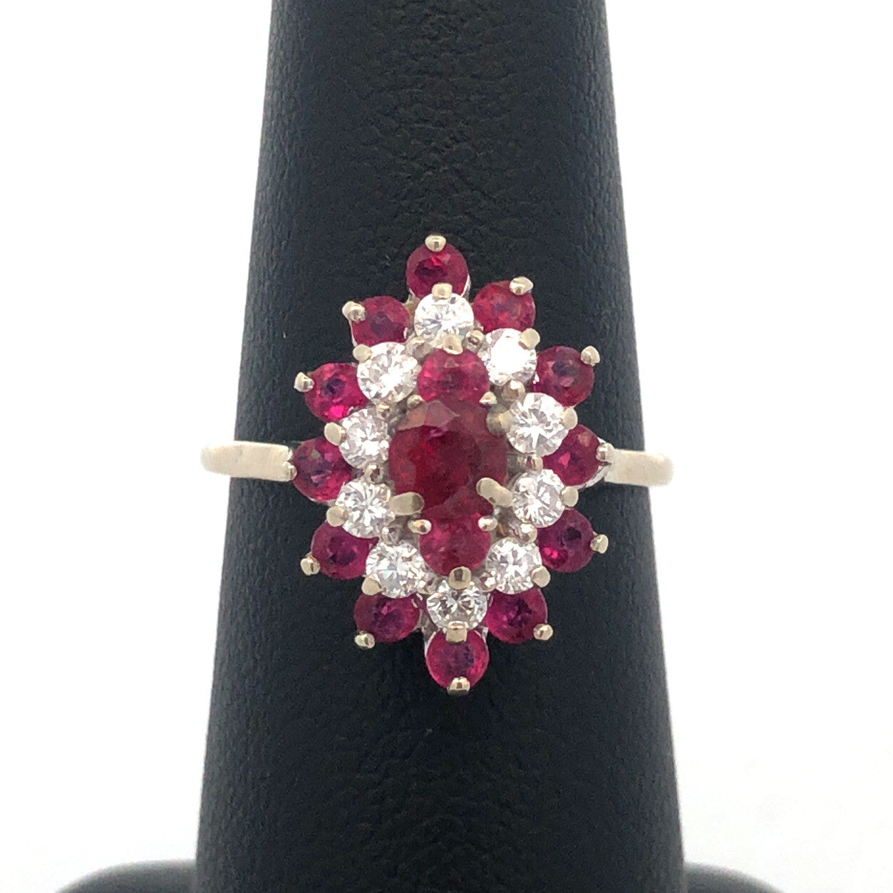 14K White Gold Ruby Diamond Cluster Bridal Birthstone Anniversary Cocktail Ring