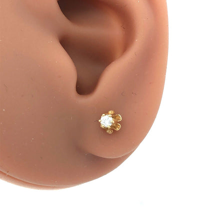 Petite 14K Yellow Gold Round Diamond Flower Shaped Butterfly-Back Stud Earrings