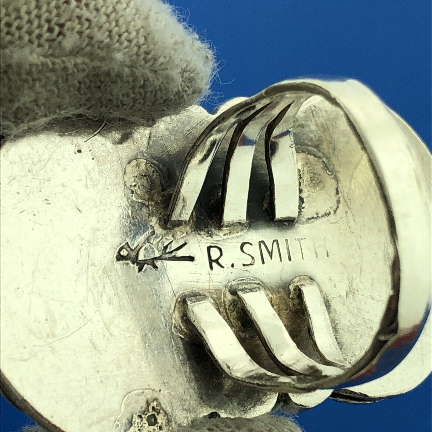 Native American R Smith 925 Sterling Silver Green Turquoise Squash Blossom Ring