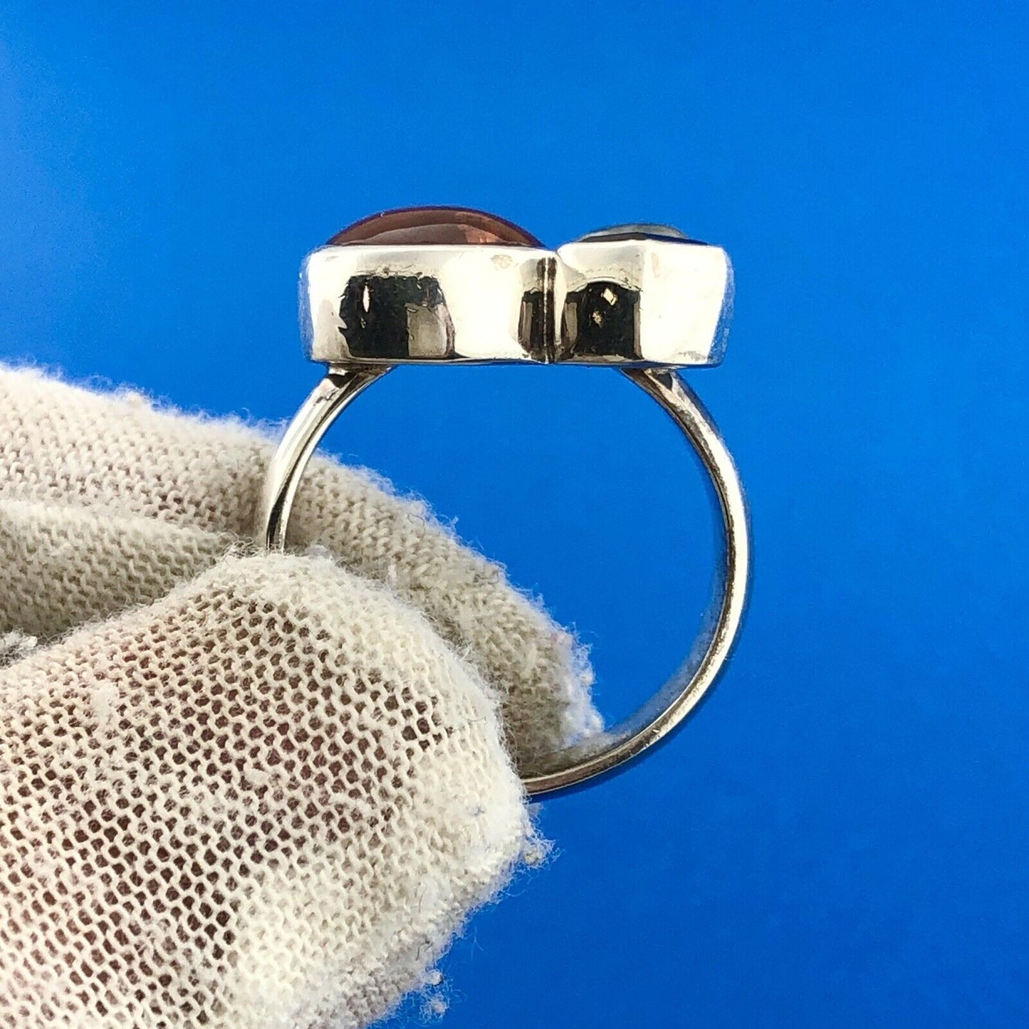 Gorgeous Modernist Sterling Silver 925 Amber Garnet Moonstone Ring Size 7.75