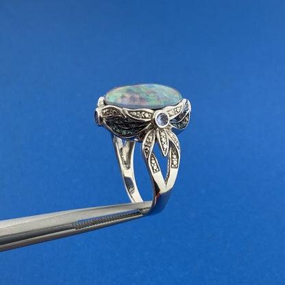 Designer 925 Sterling Silver Opal Doublet Amethyst Blue Diamond Accented Ring