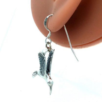 Vintage Designer 925 Sterling Silver 3D Hummingbird Drop Dangle Hook Earrings