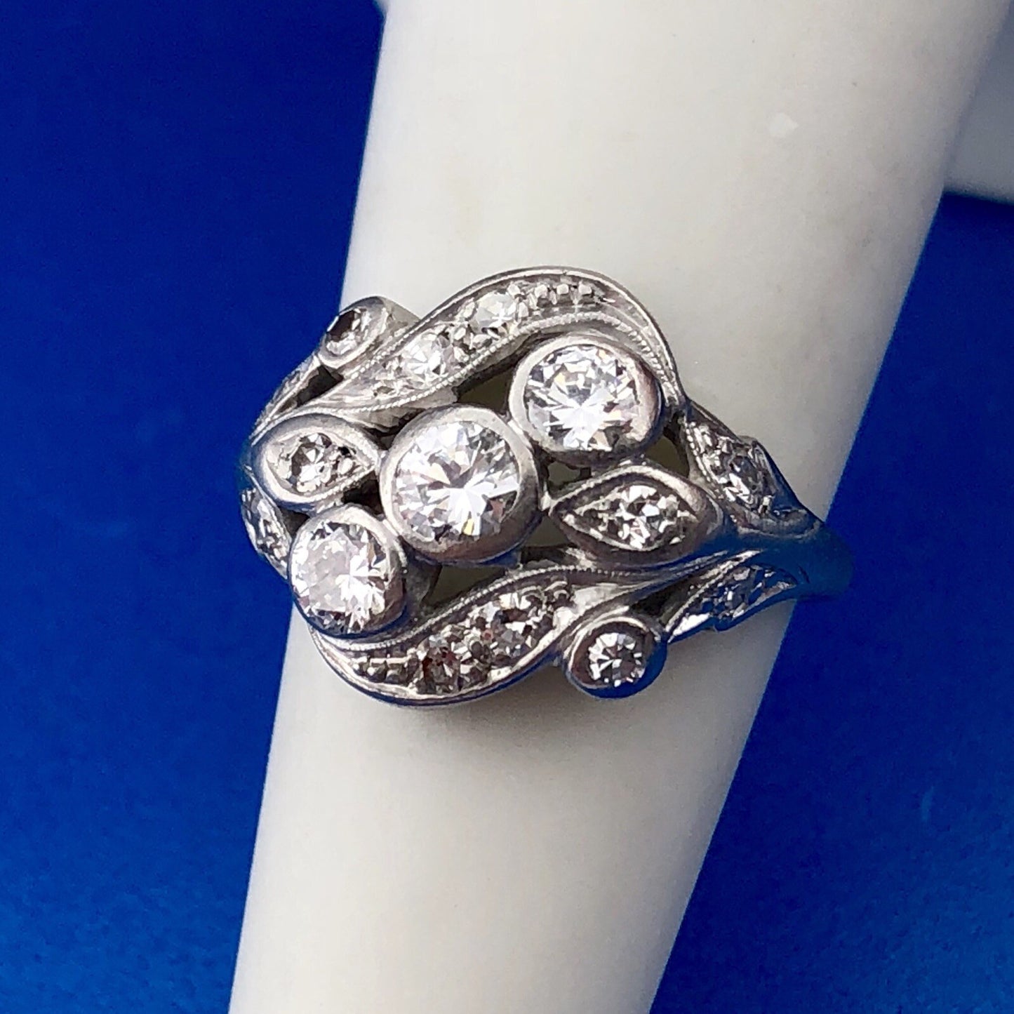 Art Nouveau Art Deco Platinum Diamond Floral Cluster Engagement Cocktail Ring