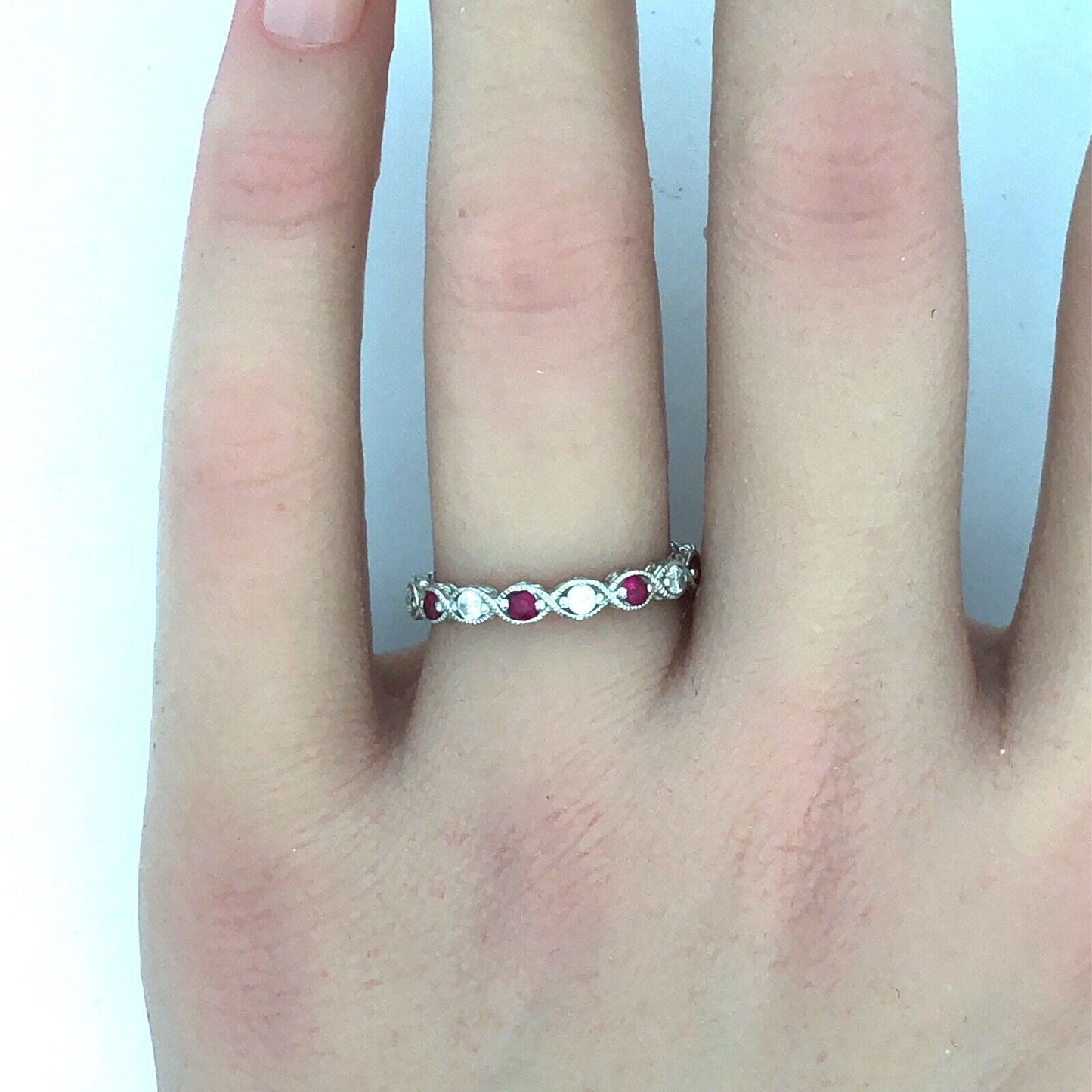 Designer 925 Silver Red White Cubic Zirconia Anniversary Stackable Eternity Band
