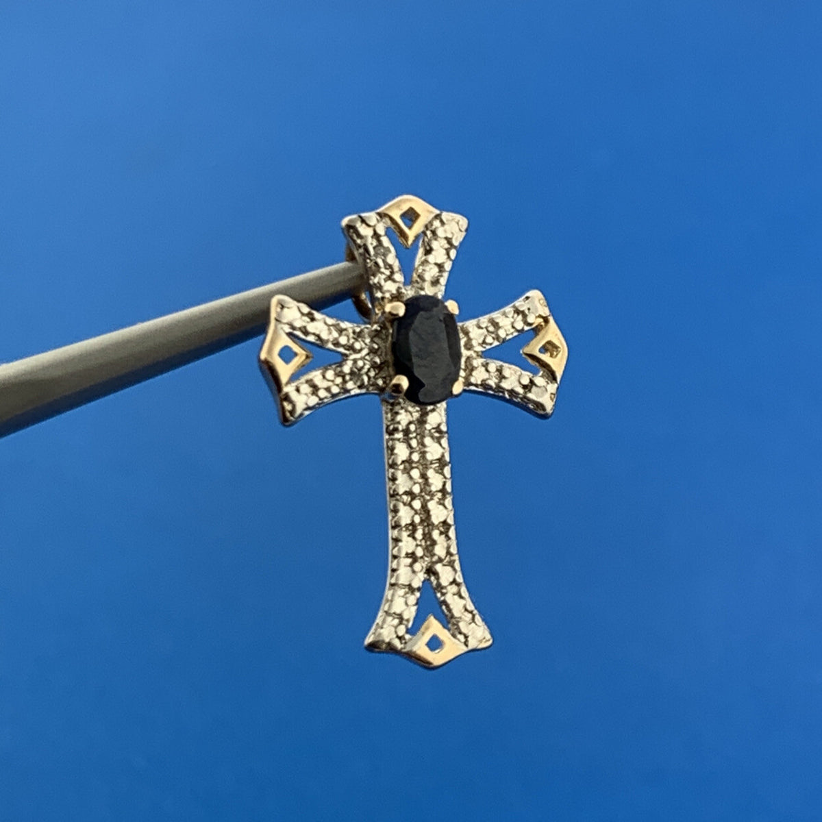 Designer 925 Sterling Silver Vermeil Oval Sapphire Two Tone Cross Pendant