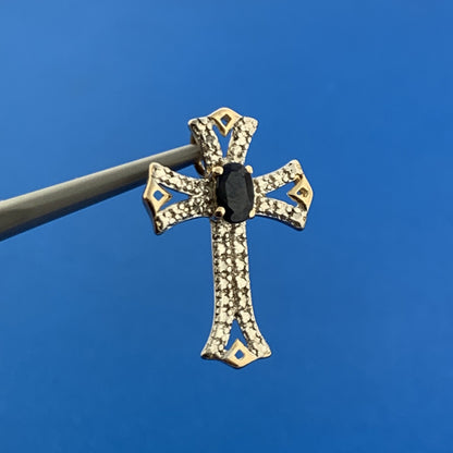 Designer 925 Sterling Silver Vermeil Oval Sapphire Two Tone Cross Pendant
