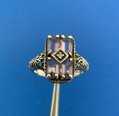 Designer Sterling Silver 925 Hexagon Amethyst Diamond Accent Ring Size 6.75