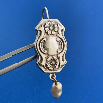 Vintage Pearl Dangle 925 Sterling Silver Floral Panel Hook Lever-back Earrings