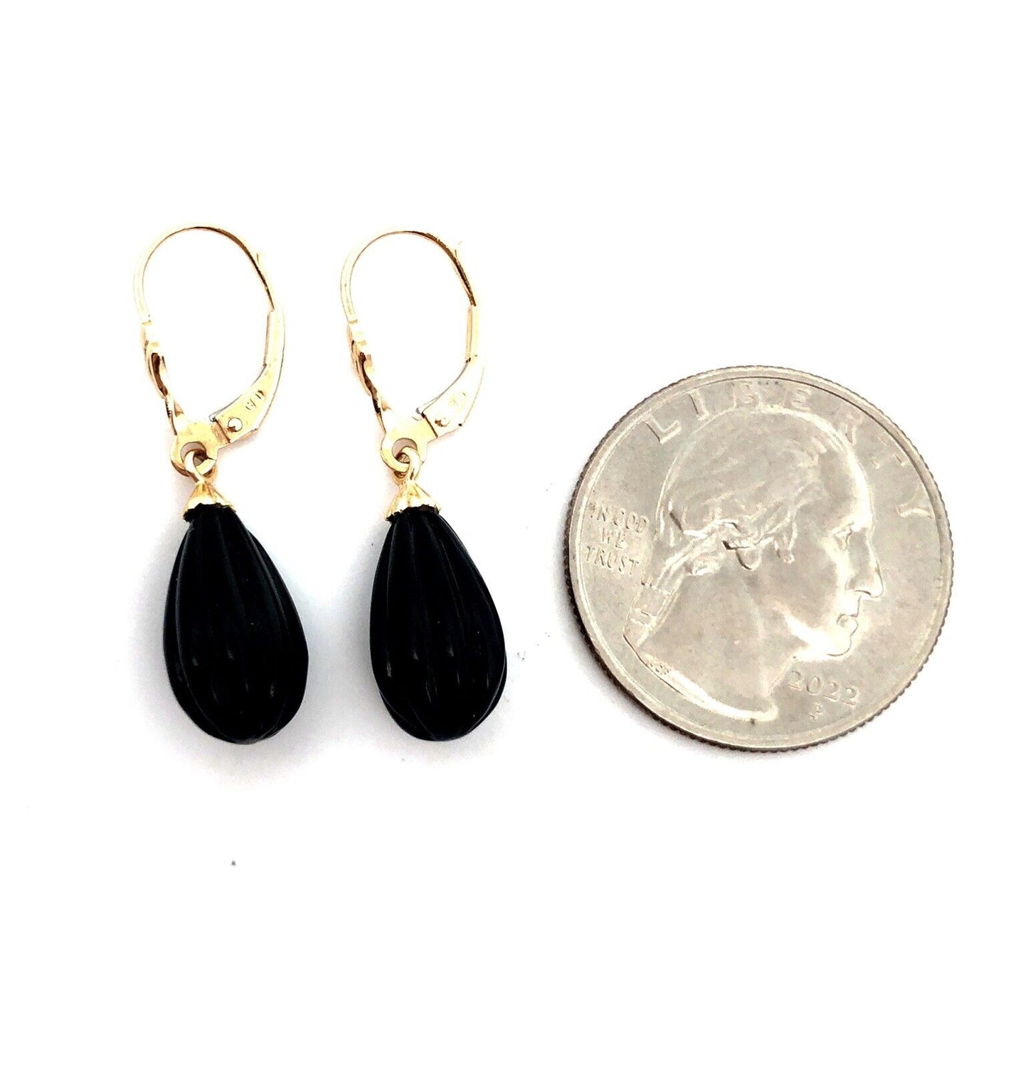 Designer 14K Yellow Gold Ribbed Onyx Pear Drop Dangle Leverback Earrings