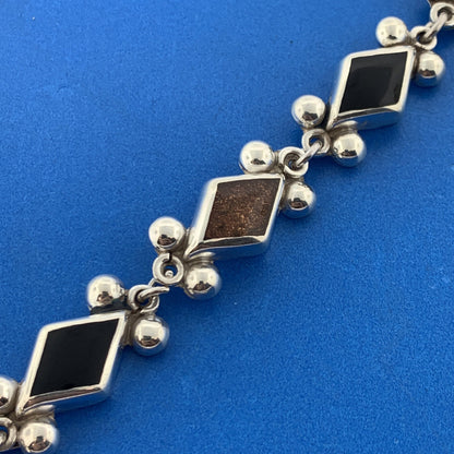 Vintage Taxco TH-40 925 Sterling Silver Black Onyx Goldstone Link Panel Bracelet