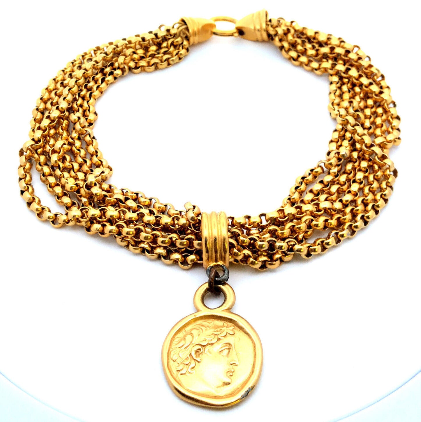 Carolee Gold Tone Rolo Link Faux Ancient Ceasar Coin Statement Collar Necklace