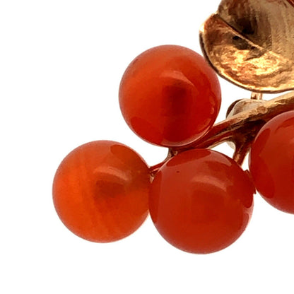 Estate 14K Yellow Gold Carnelian Bead Berry Vine Statement Brooch Pin Pendant