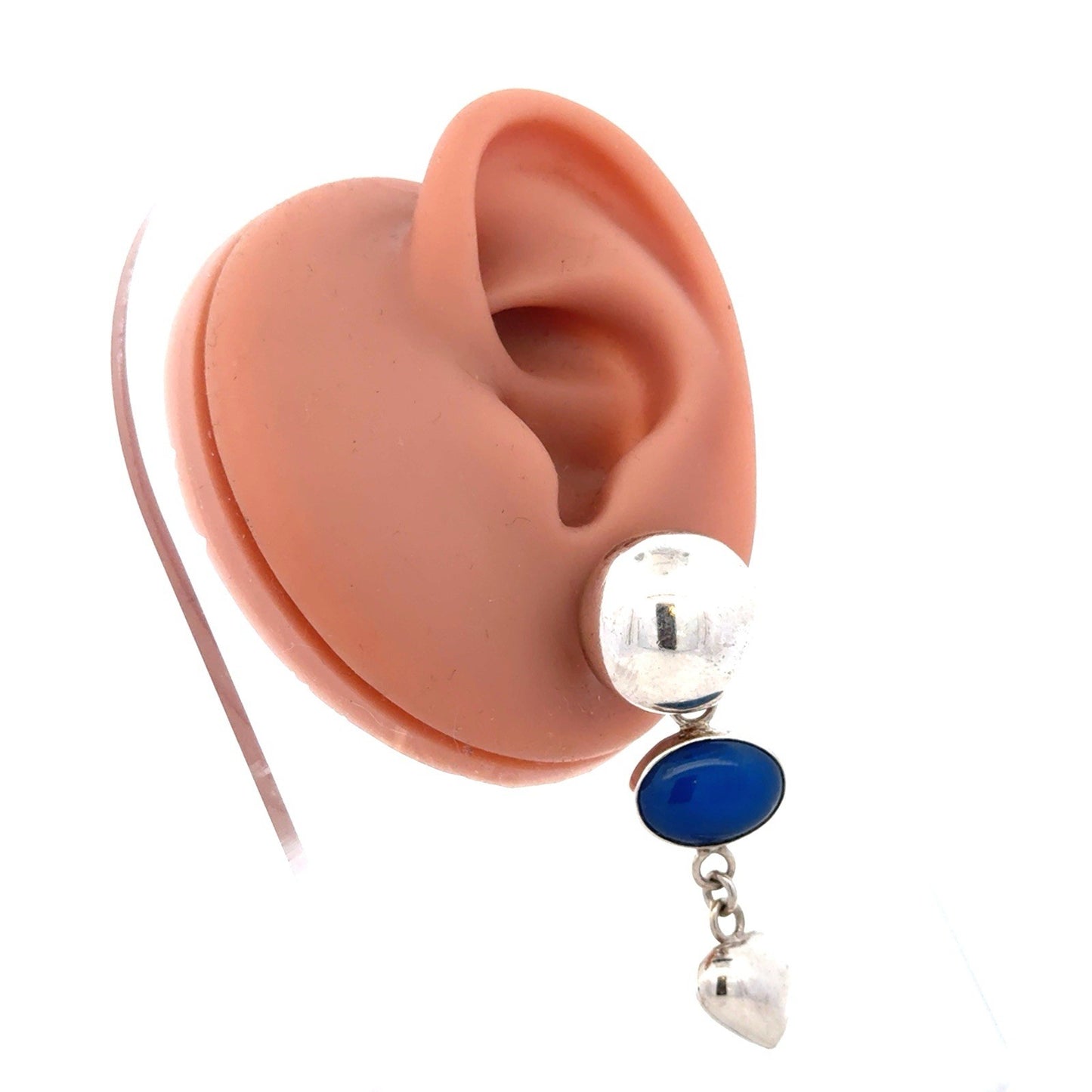 Designer Mexico 925 Sterling Silver Blue Chalcedony Dome Heart Dangle Earrings