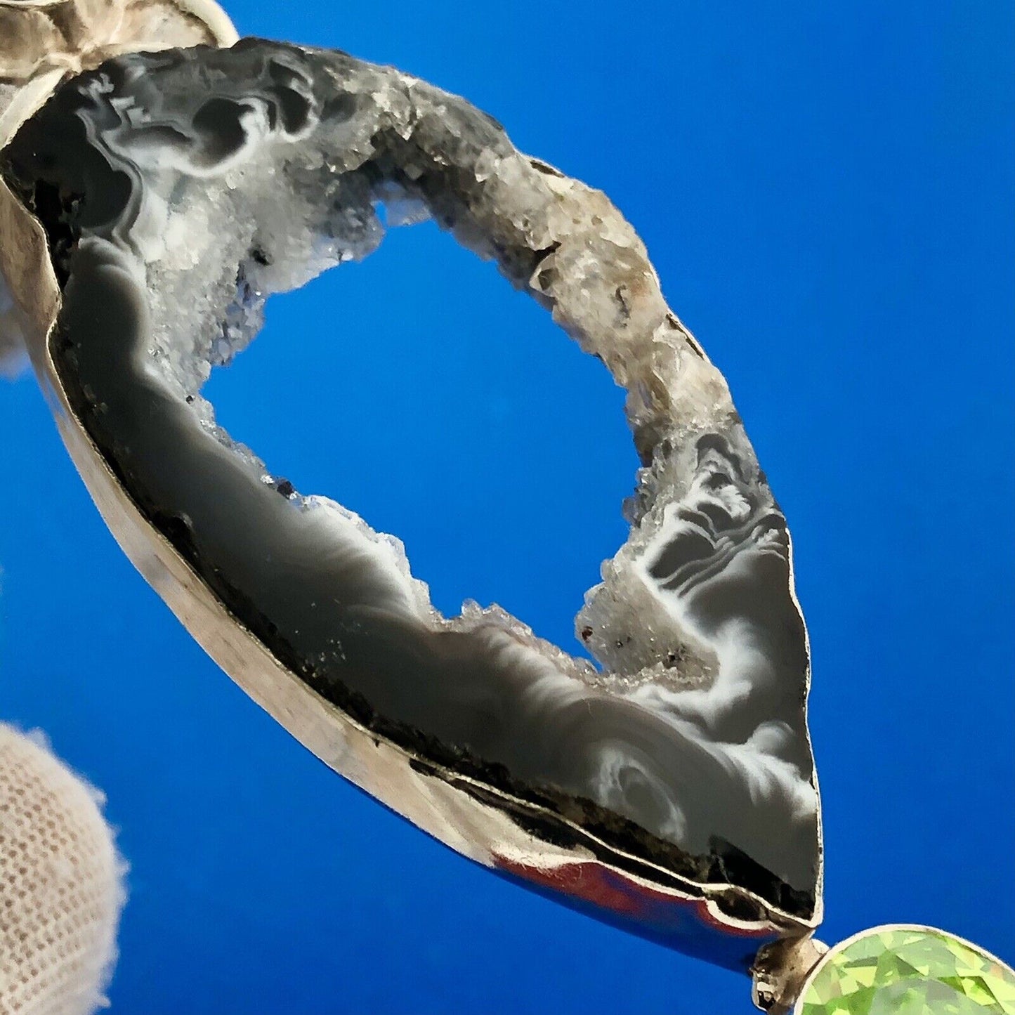 Stunning Sterling Silver 925 Druzy Quartz Black Chartreuse CZ Statement Pendant