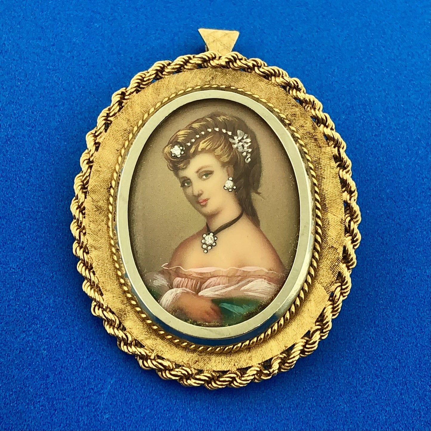 Vintage FJE Italy 18k Yellow Gold Diamond Hand Painted Portrait Brooch Pendant