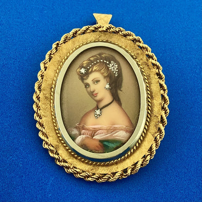 Vintage FJE Italy 18k Yellow Gold Diamond Hand Painted Portrait Brooch Pendant