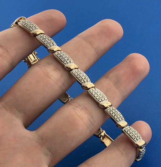 Classic Sterling Silver 925 Vermeil Two Tone Diamond Statement Tennis Bracelet