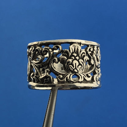 Sterling Silver 925 Abstract Floral Filigree Openwork Cigar Band Ring Size 8.25