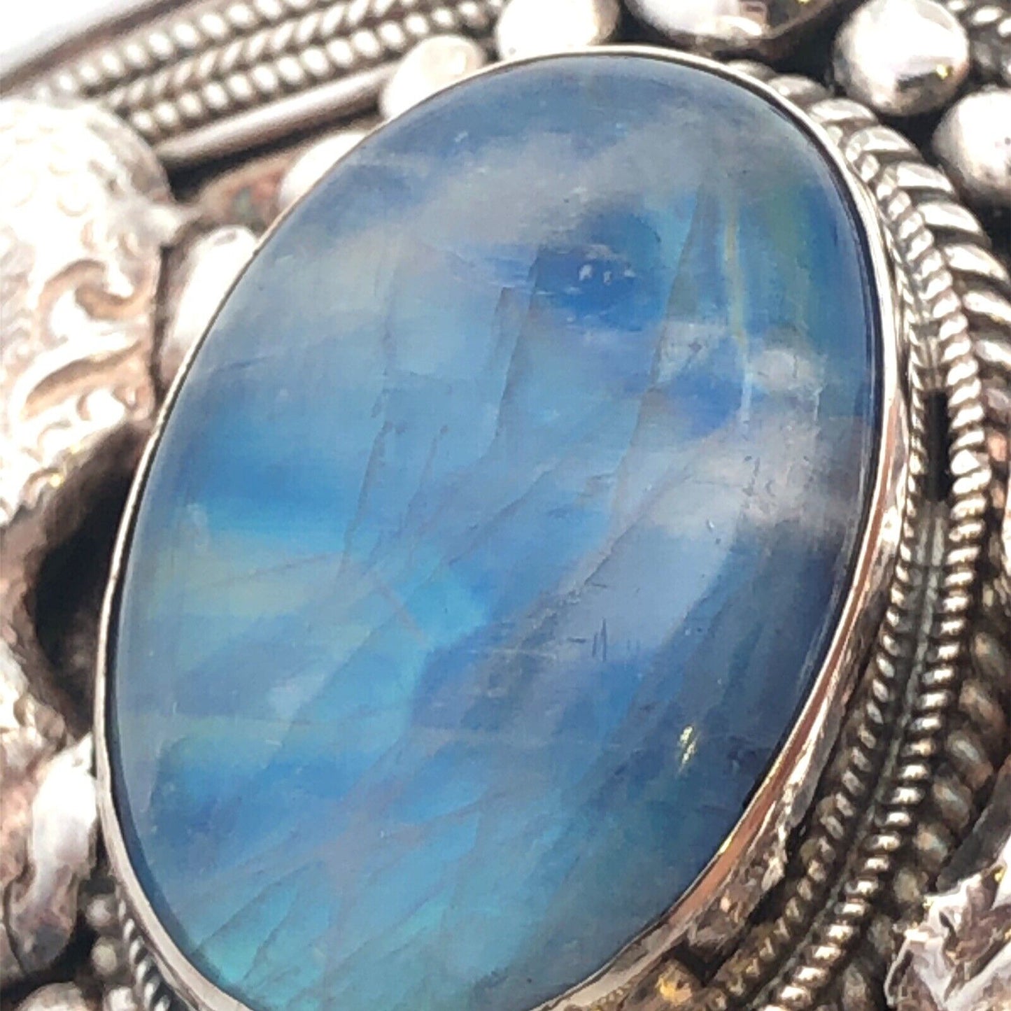 925 Sterling Silver Blue Opal Dragon Filigree Detailed Wide Cuff Bracelet