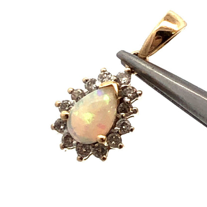 Designer EC 14K Yellow Gold Pear Cut White Opal Diamond Halo Pendant