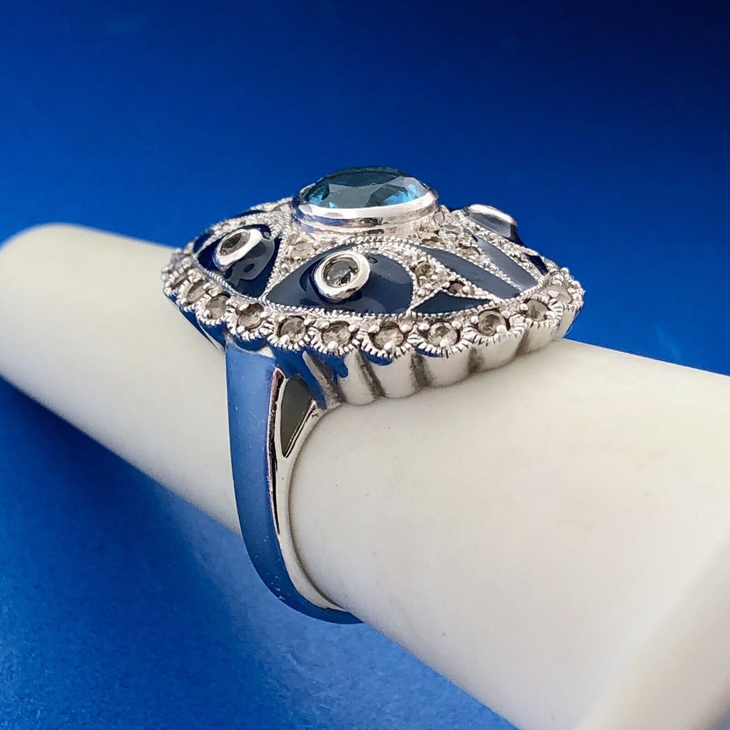 Designer Pd 925 Sterling Silver Blue Topaz White Amethyst Enamel Statement Ring