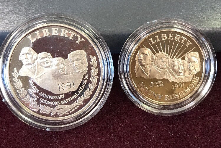 1991 S Mount Rushmore Anniversary 2 Coin 90% Silver Clad Proof Set OGP/COA