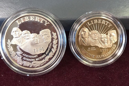 1991 S Mount Rushmore Anniversary 2 Coin 90% Silver Clad Proof Set OGP/COA