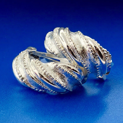 Classic Silver Tone Polished Textured Beaded Twist Half Hoop Clip Earrings