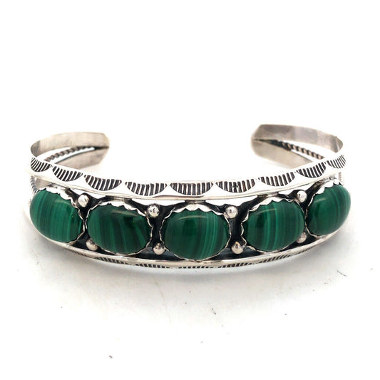 Native American L 925 Sterling Silver Oval Green Malachite Open Cuff Bracelet