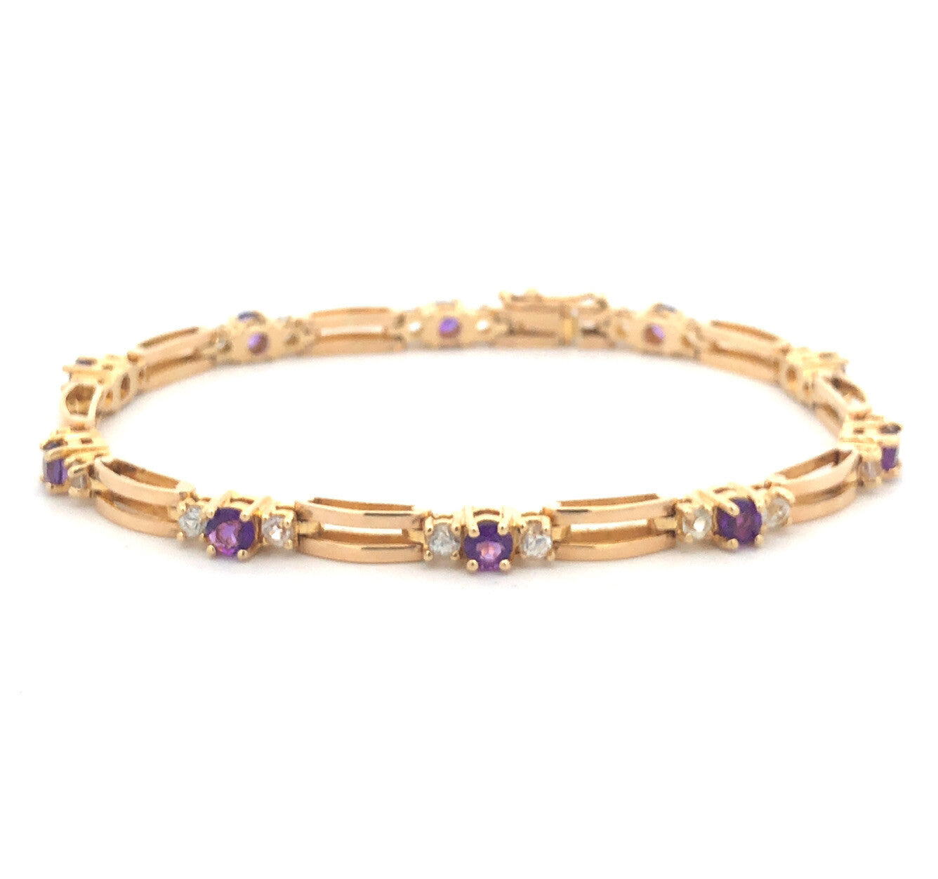 14K Yellow Gold Amethyst White Topaz Accented Station Tennis Bracelet
